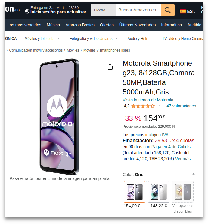 Screenshot of a Moto G23 phone on Amazon.es